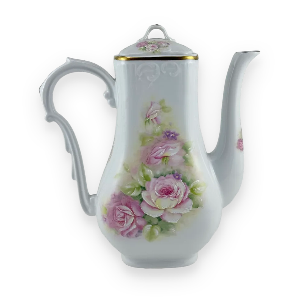 Rose-decorated teapot with a gold-colored trim — Image 1