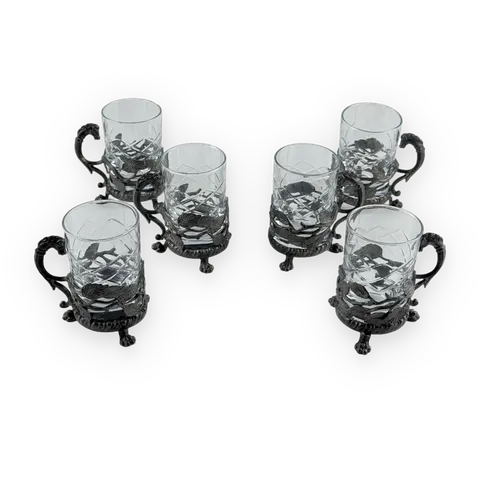 Set of 6 glass cups in metal holders