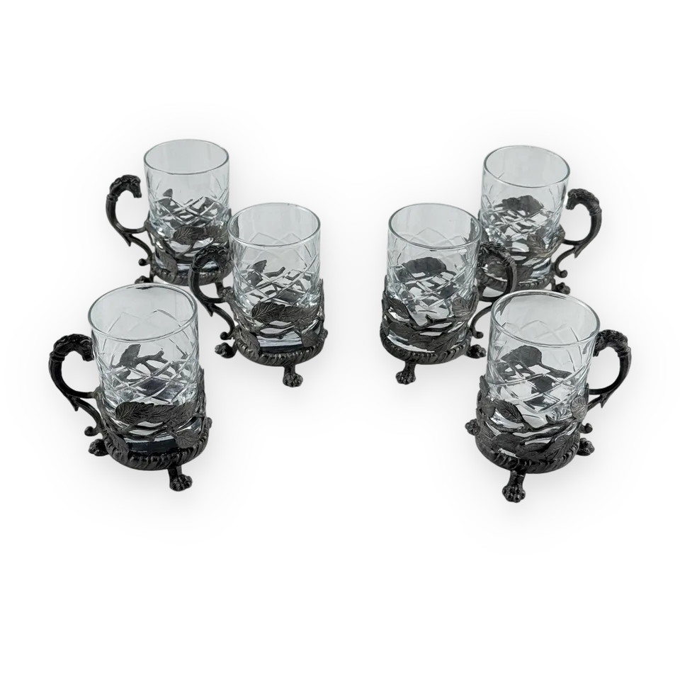 Set of 6 glass cups in metal holders — Image 1