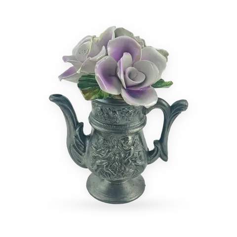 Vintage Pewter Miniature Teapot with Ceramic Flowers