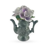 Vintage Pewter Miniature Teapot with Ceramic Flowers — thumbnail 1