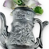 Vintage Pewter Miniature Teapot with Ceramic Flowers — thumbnail 3